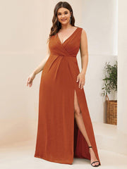 Gorgeous Plus Size V-Neck Formal Evening Dress with Slit