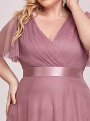 Chic Long A-Line Plus Size Formal Bridesmaid Dress with Short Sleeves
