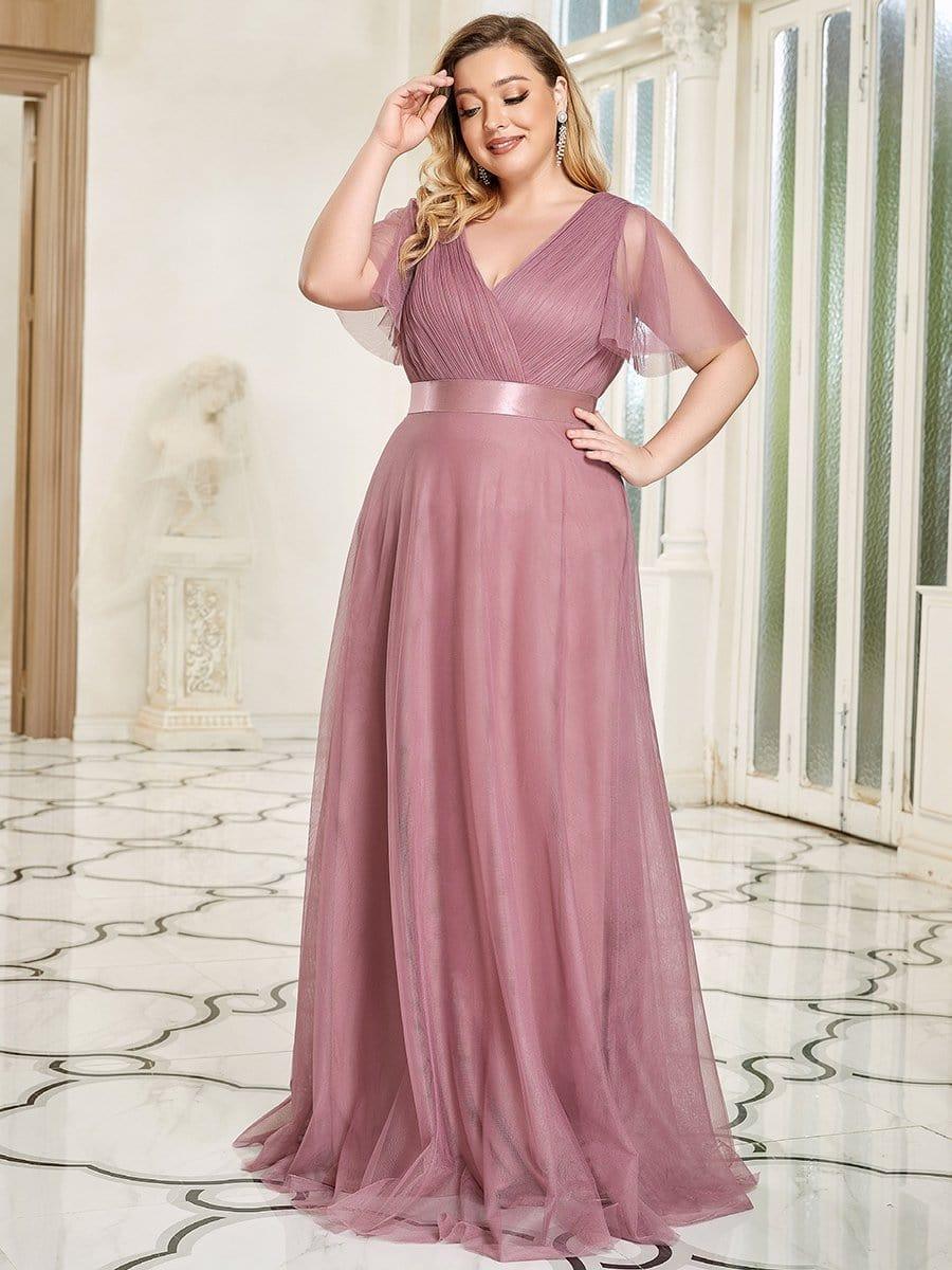 Chic Long A-Line Plus Size Formal Bridesmaid Dress with Short Sleeves