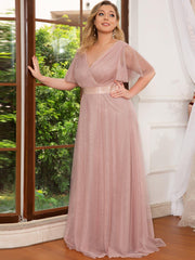 Chic Long A-Line Plus Size Formal Bridesmaid Dress with Short Sleeves