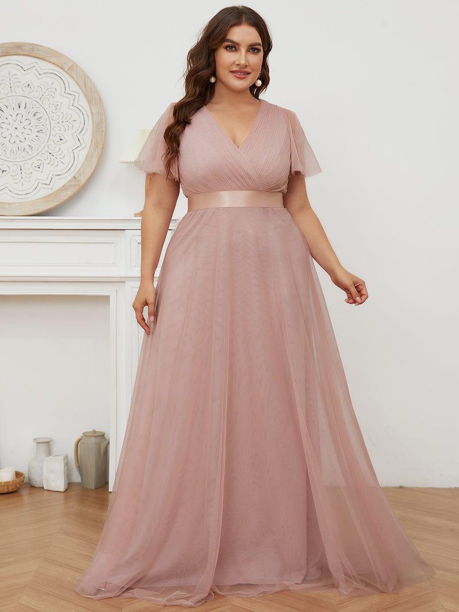 Chic Long A-Line Plus Size Formal Bridesmaid Dress with Short Sleeves