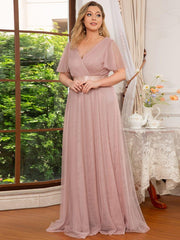 Chic Long A-Line Plus Size Formal Bridesmaid Dress with Short Sleeves