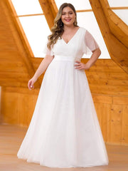 Chic Long A-Line Plus Size Formal Bridesmaid Dress with Short Sleeves