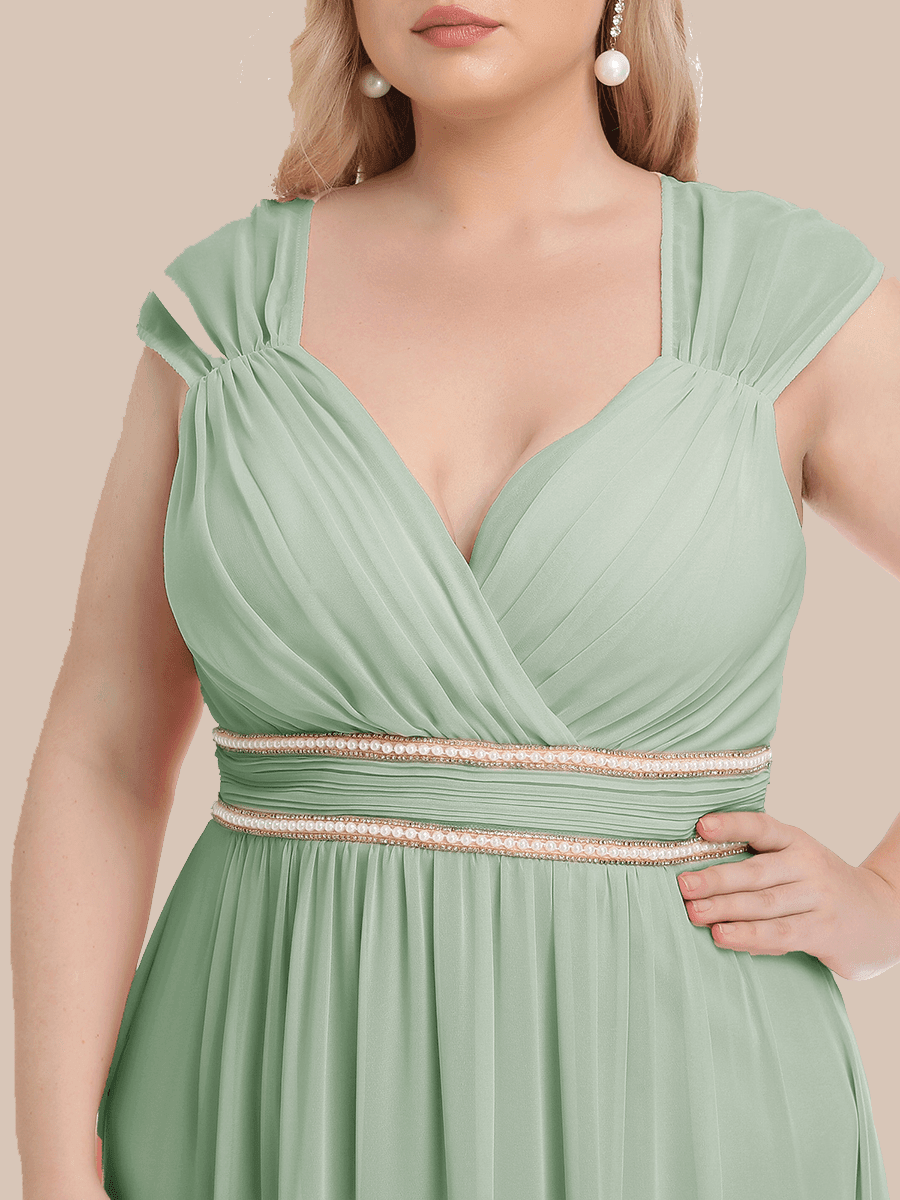 Luxurious Plus Size V-Neck Chiffon Formal Evening Dress with Beaded Belt