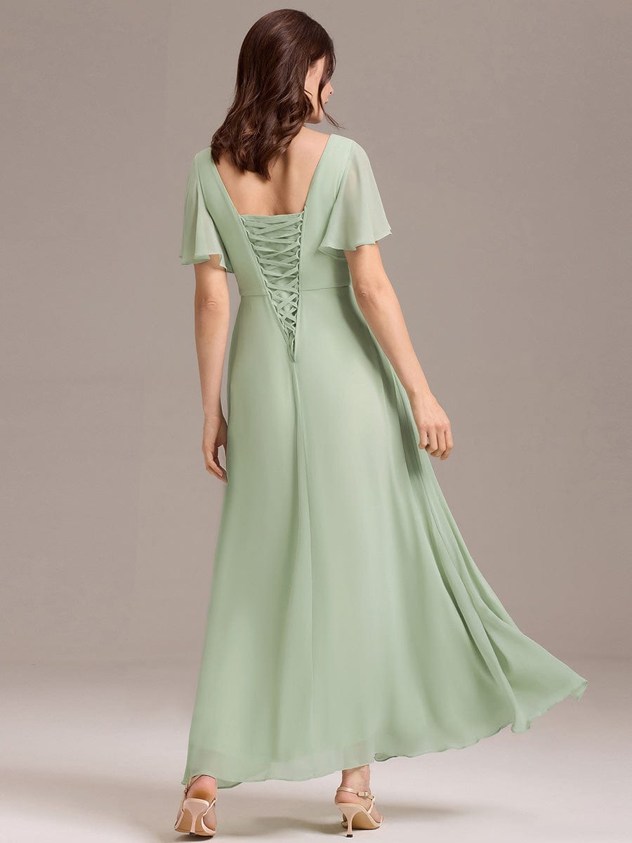 Gentle Short Sleeves V-Neck A-Line Bridesmaid Dress with Lace-Up