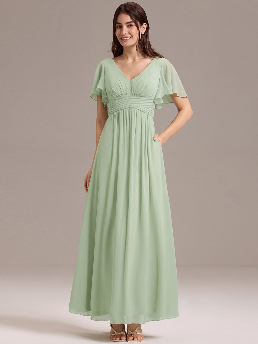 Gentle Short Sleeves V-Neck A-Line Bridesmaid Dress with Lace-Up