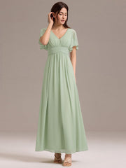 Gentle Short Sleeves V-Neck A-Line Bridesmaid Dress with Lace-Up