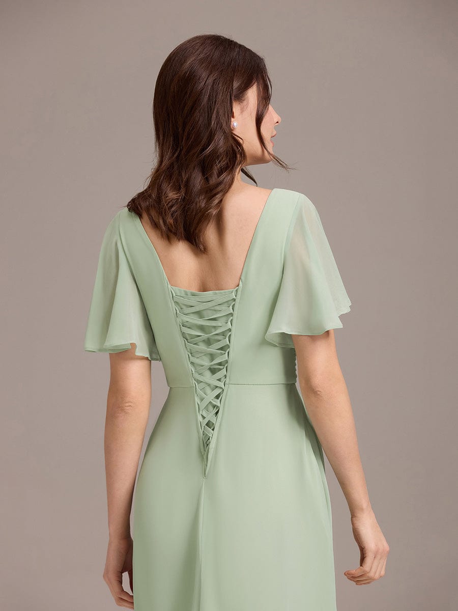 Gentle Short Sleeves V-Neck A-Line Bridesmaid Dress with Lace-Up