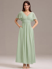 Gentle Short Sleeves V-Neck A-Line Bridesmaid Dress with Lace-Up