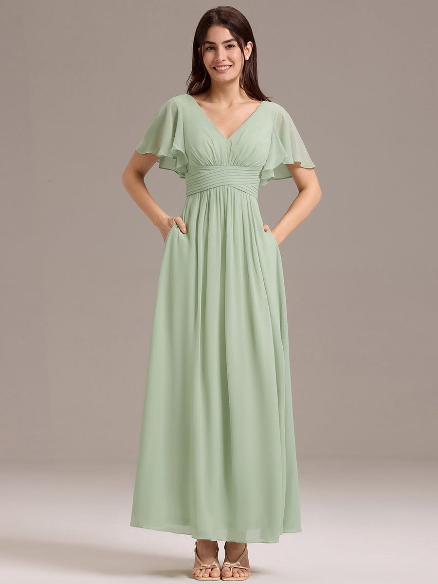 Gentle Short Sleeves V-Neck A-Line Bridesmaid Dress with Lace-Up