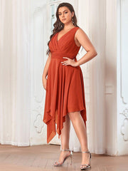 Cute Plus Size V-Neck Asymmetrical Chiffon Bridesmaid Dress