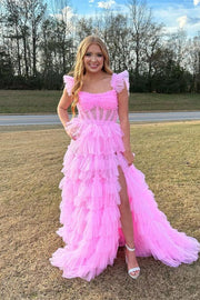 Pink Off-The-Shoulder A-Line Tulle Prom Dresses Split Front Ruffles with Sash