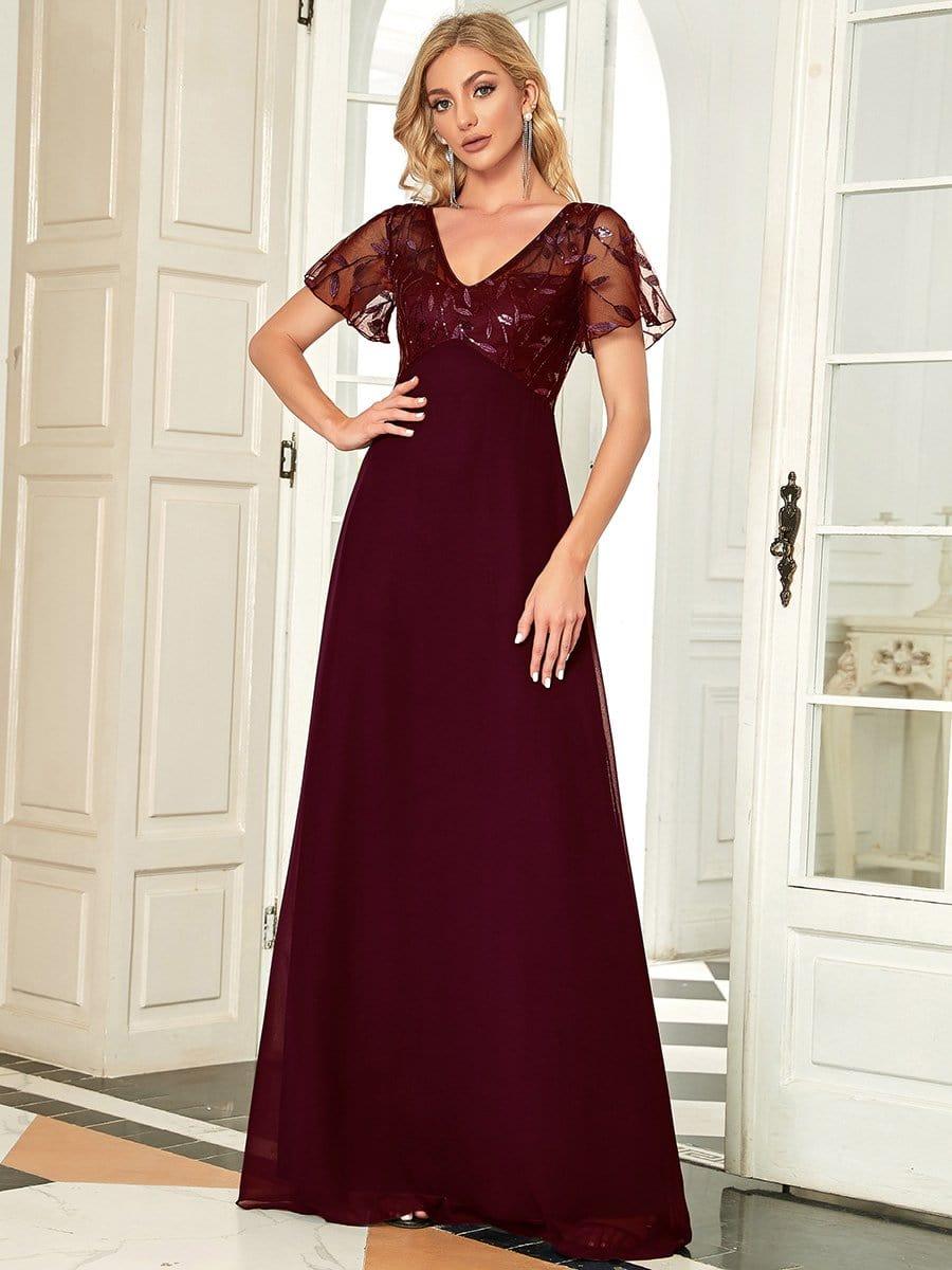 Graceful Sequin Deep V-Neck Evening Dresses with Sleeves