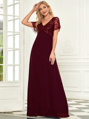 Graceful Sequin Deep V-Neck Evening Dresses with Sleeves