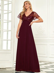 Graceful Sequin Deep V-Neck Evening Dresses with Sleeves
