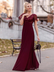 Graceful Sequin Deep V-Neck Evening Dresses with Sleeves