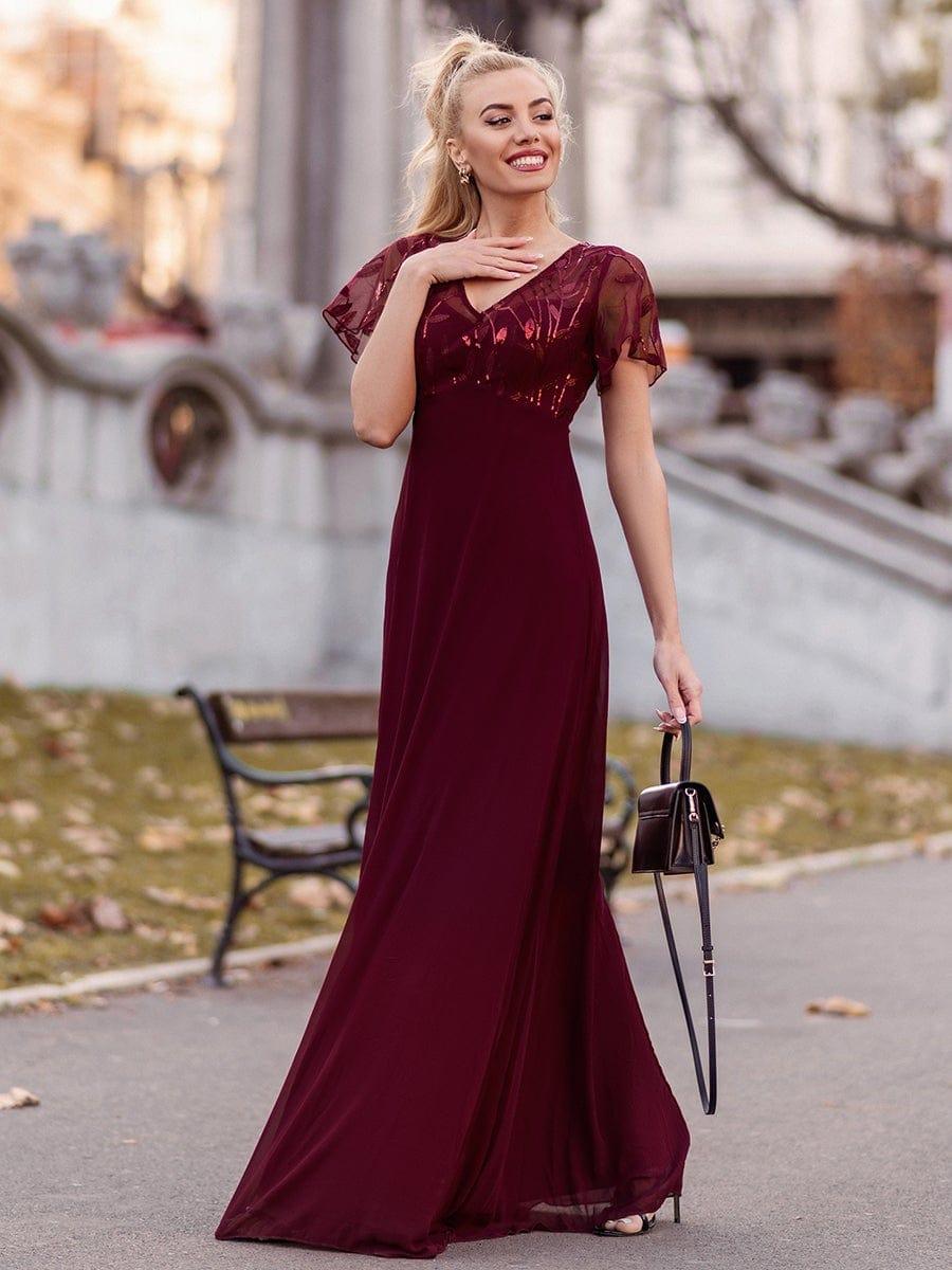 Graceful Sequin Deep V-Neck Evening Dresses with Sleeves