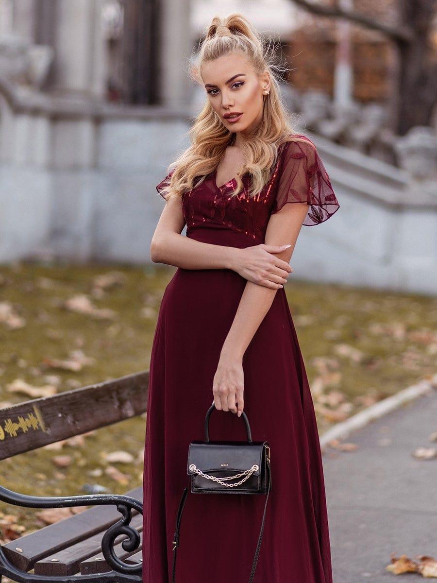 Graceful Sequin Deep V-Neck Evening Dresses with Sleeves