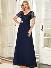 Graceful Sequin Deep V-Neck Evening Dresses with Sleeves