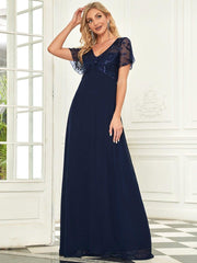 Graceful Sequin Deep V-Neck Evening Dresses with Sleeves