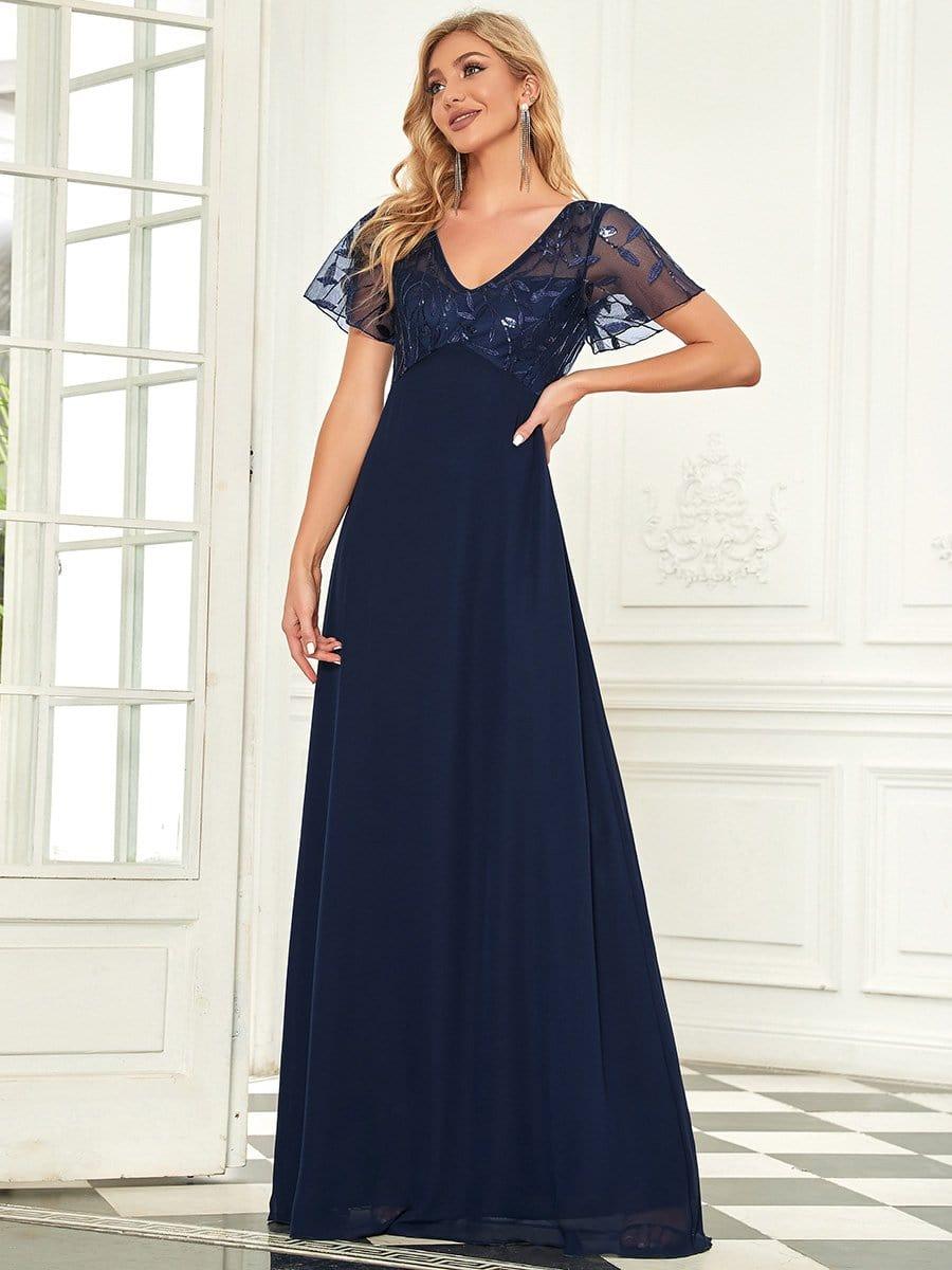 Graceful Sequin Deep V-Neck Evening Dresses with Sleeves