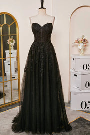 Black Strapless Sweetheart Lace Long A-Line Prom Dresses