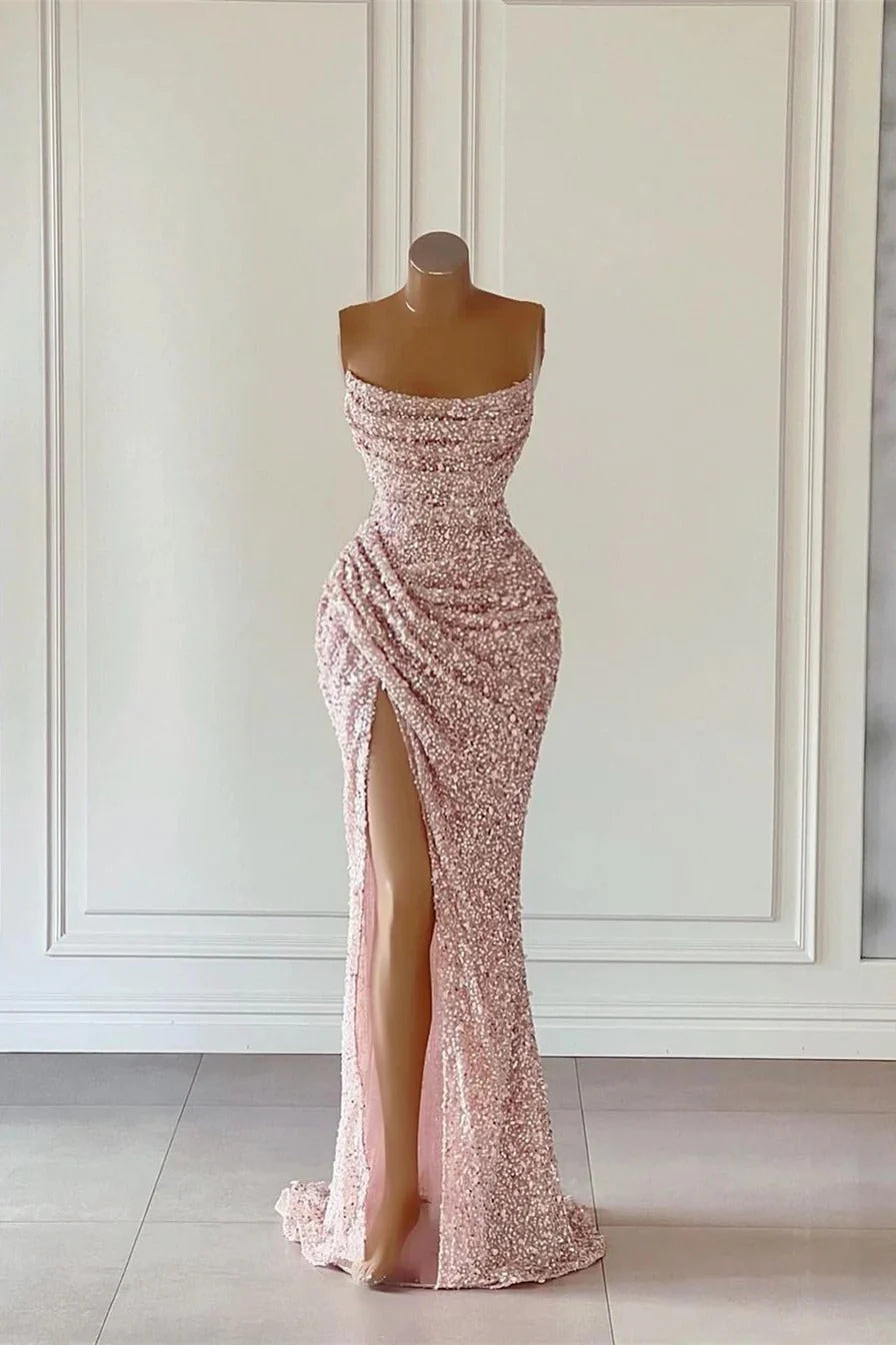 Blushing Pink Beaded Sequined Mermaid Party Dresses with Slit