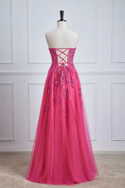 Fuchsia Strapless Split Front Prom Dresses A-Line Tulle Floor-Length with Appliques