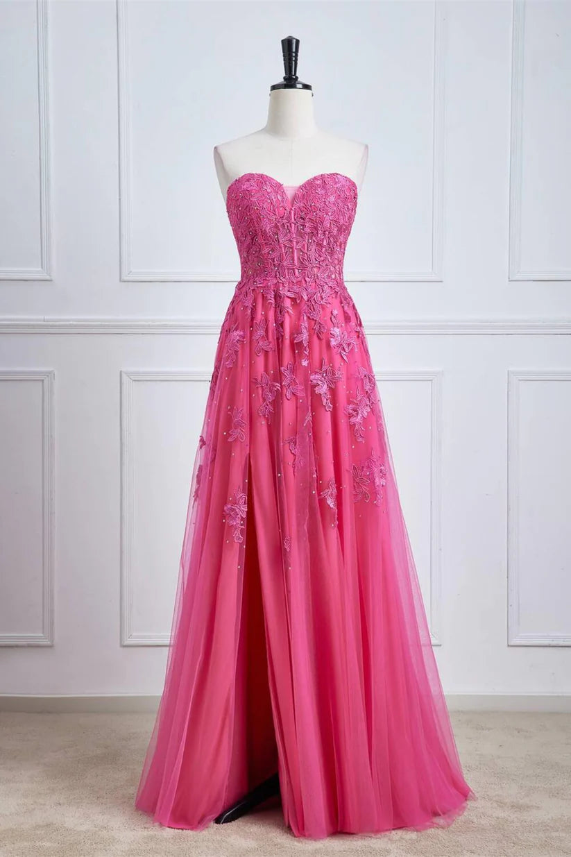 Fuchsia Strapless Split Front Prom Dresses A-Line Tulle Floor-Length with Appliques