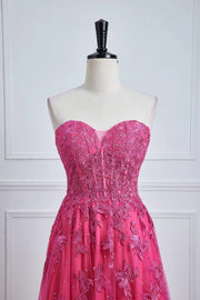 Fuchsia Strapless Split Front Prom Dresses A-Line Tulle Floor-Length with Appliques