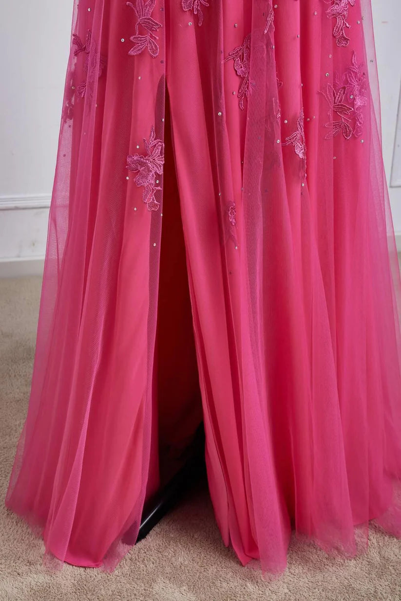 Fuchsia Strapless Split Front Prom Dresses A-Line Tulle Floor-Length with Appliques