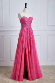 Fuchsia Strapless Split Front Prom Dresses A-Line Tulle Floor-Length with Appliques