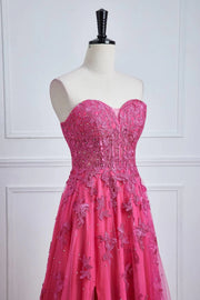 Fuchsia Strapless Split Front Prom Dresses A-Line Tulle Floor-Length with Appliques