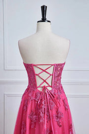 Fuchsia Strapless Split Front Prom Dresses A-Line Tulle Floor-Length with Appliques