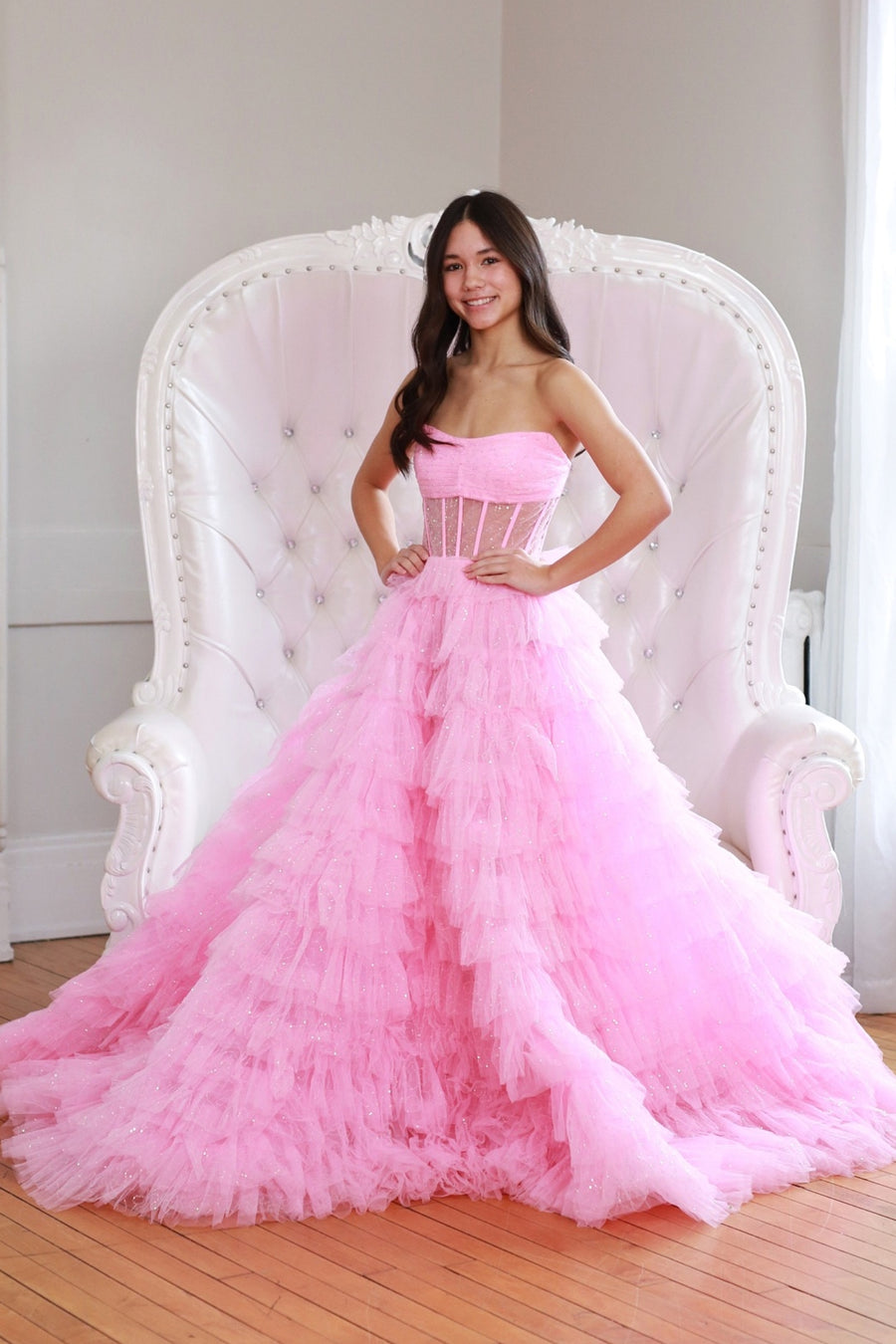 Pink Strapless A-Line Tulle Prom Dresses with  Ruffles