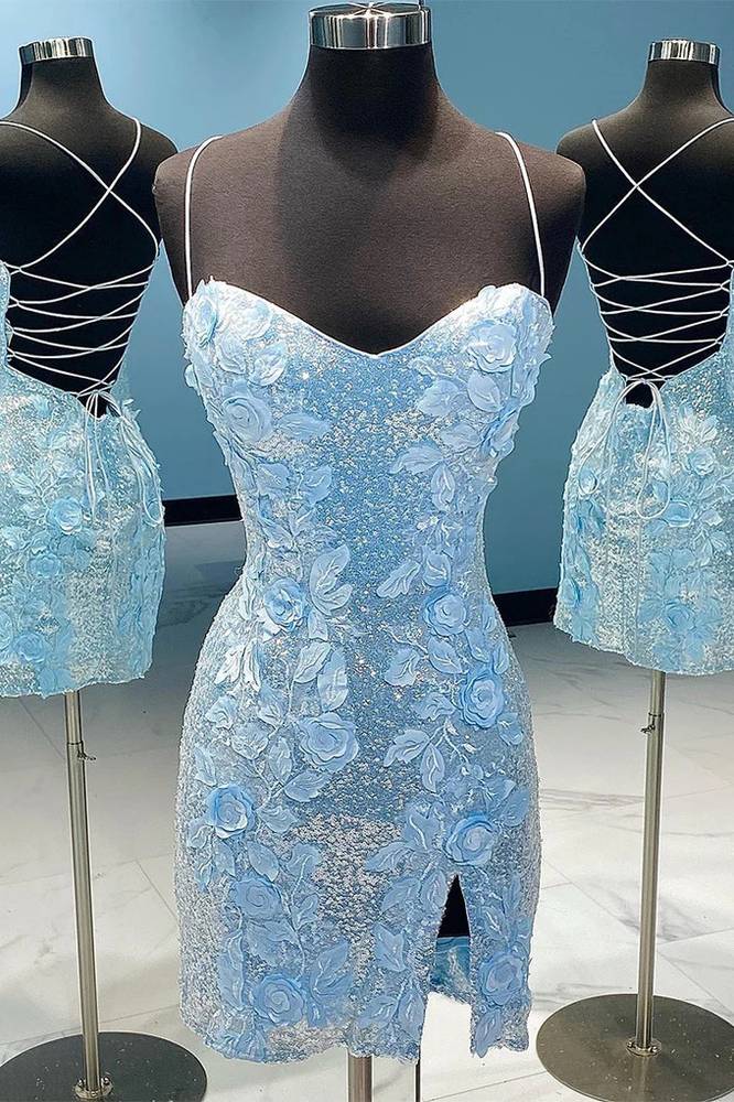 Stunning Light Blue Sweetheart Spaghetti Straps Mermaid Short Homecoming Dresses with Appliques