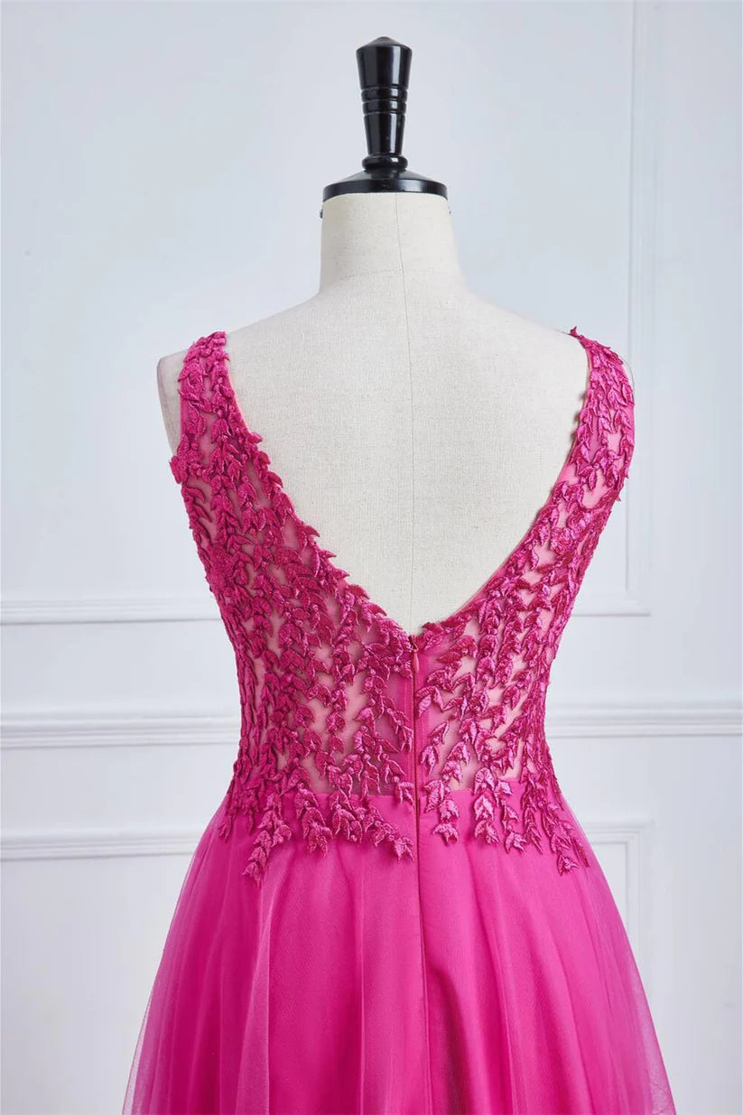 Fuchsia Sleeveless Floor-Length Formal Dresses V-Neck A-Line Tulle with Appliques