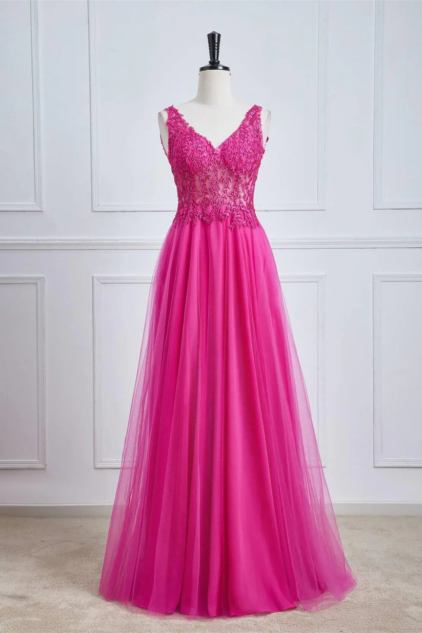 Fuchsia Sleeveless Floor-Length Formal Dresses V-Neck A-Line Tulle with Appliques