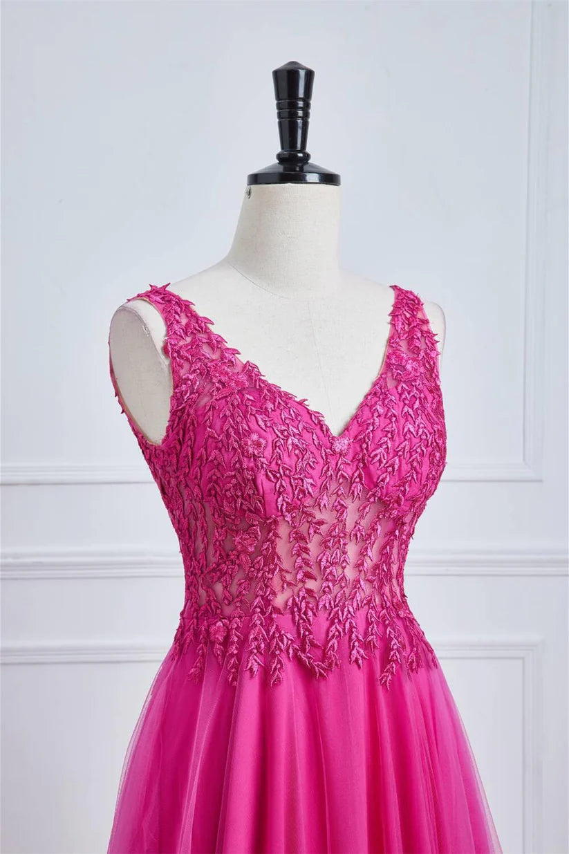 Fuchsia Sleeveless Floor-Length Formal Dresses V-Neck A-Line Tulle with Appliques