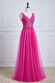 Fuchsia Sleeveless Floor-Length Formal Dresses V-Neck A-Line Tulle with Appliques