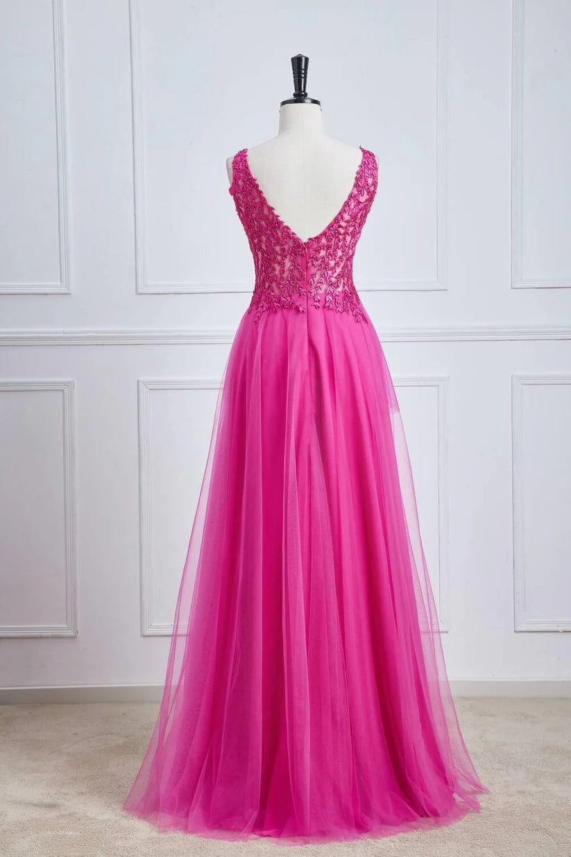 Fuchsia Sleeveless Floor-Length Formal Dresses V-Neck A-Line Tulle with Appliques