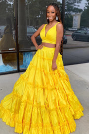 Yellow Two-Piece V-Neck Sleeveless Ball Gown Long Prom Dresses