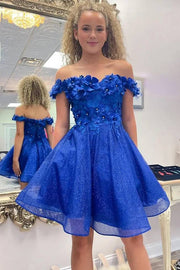 Royal Blue Off-The-Shoulder A-Line Tulle Cocktail Dresses with Flowers