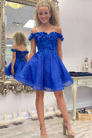 Royal Blue Off-The-Shoulder A-Line Tulle Cocktail Dresses with Flowers