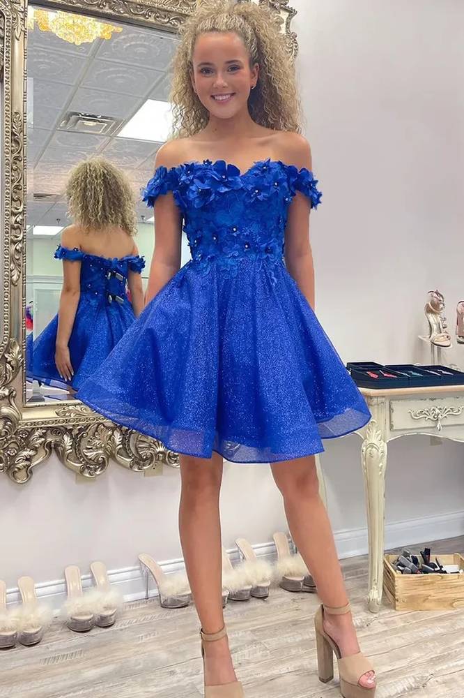 Royal Blue Off-The-Shoulder A-Line Tulle Cocktail Dresses with Flowers