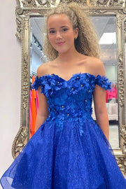 Royal Blue Off-The-Shoulder A-Line Tulle Cocktail Dresses with Flowers