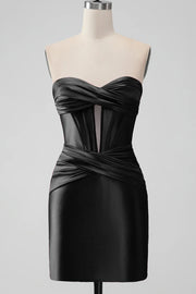 Keyhole Strapless Sweetheart Short Black Satin Homecoming Dresses