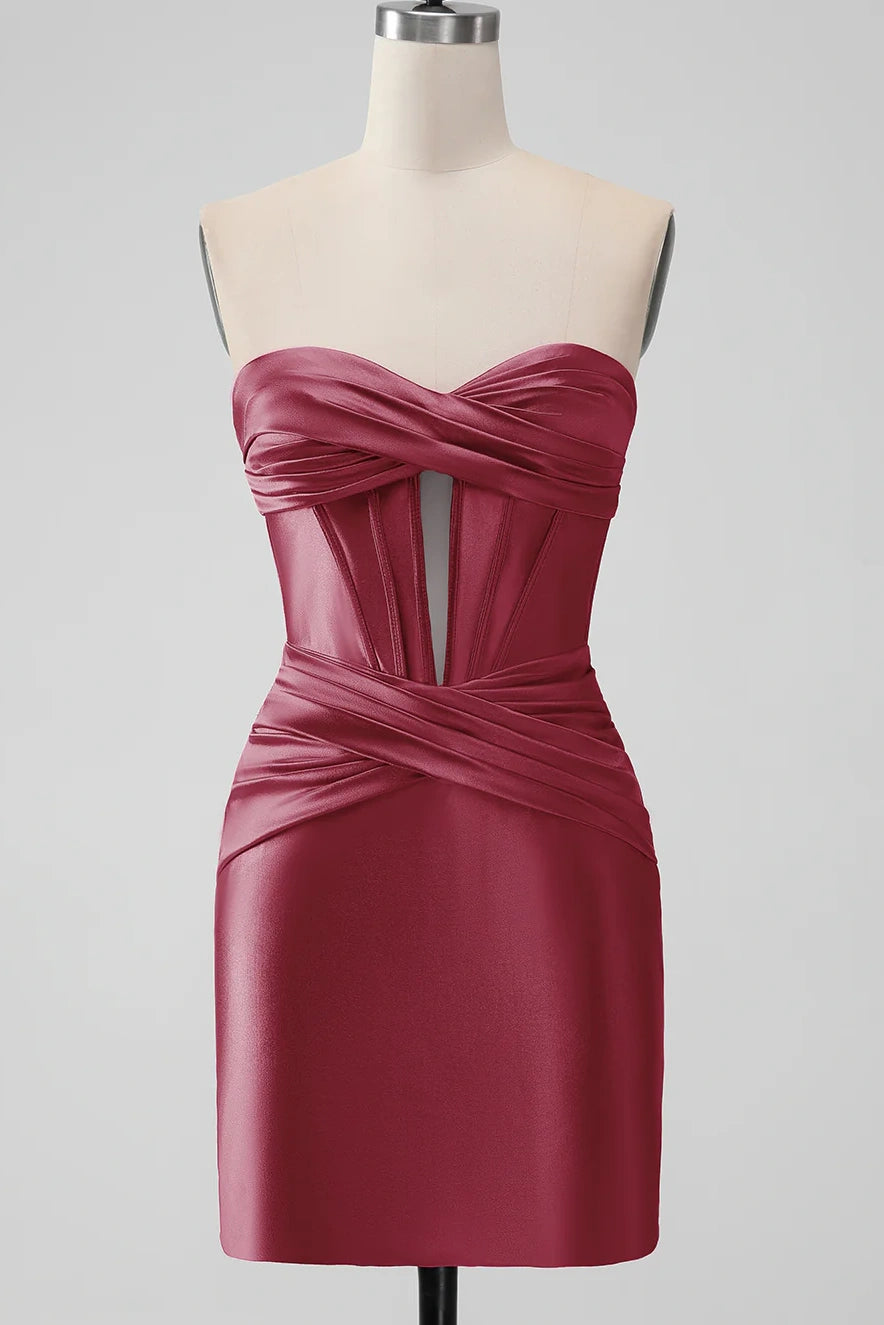 Keyhole Strapless Sweetheart Short Mulberry Satin Homecoming Dresses