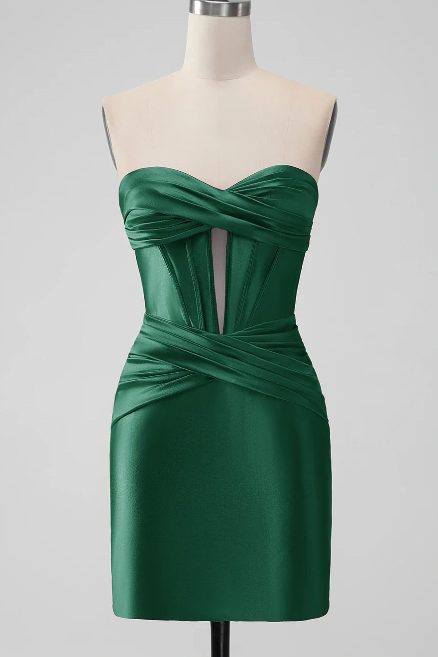 Keyhole Strapless Sweetheart Short Dark Green Satin Homecoming Dresses