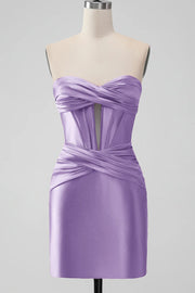 Keyhole Strapless Sweetheart Short Lilac Satin Homecoming Dresses